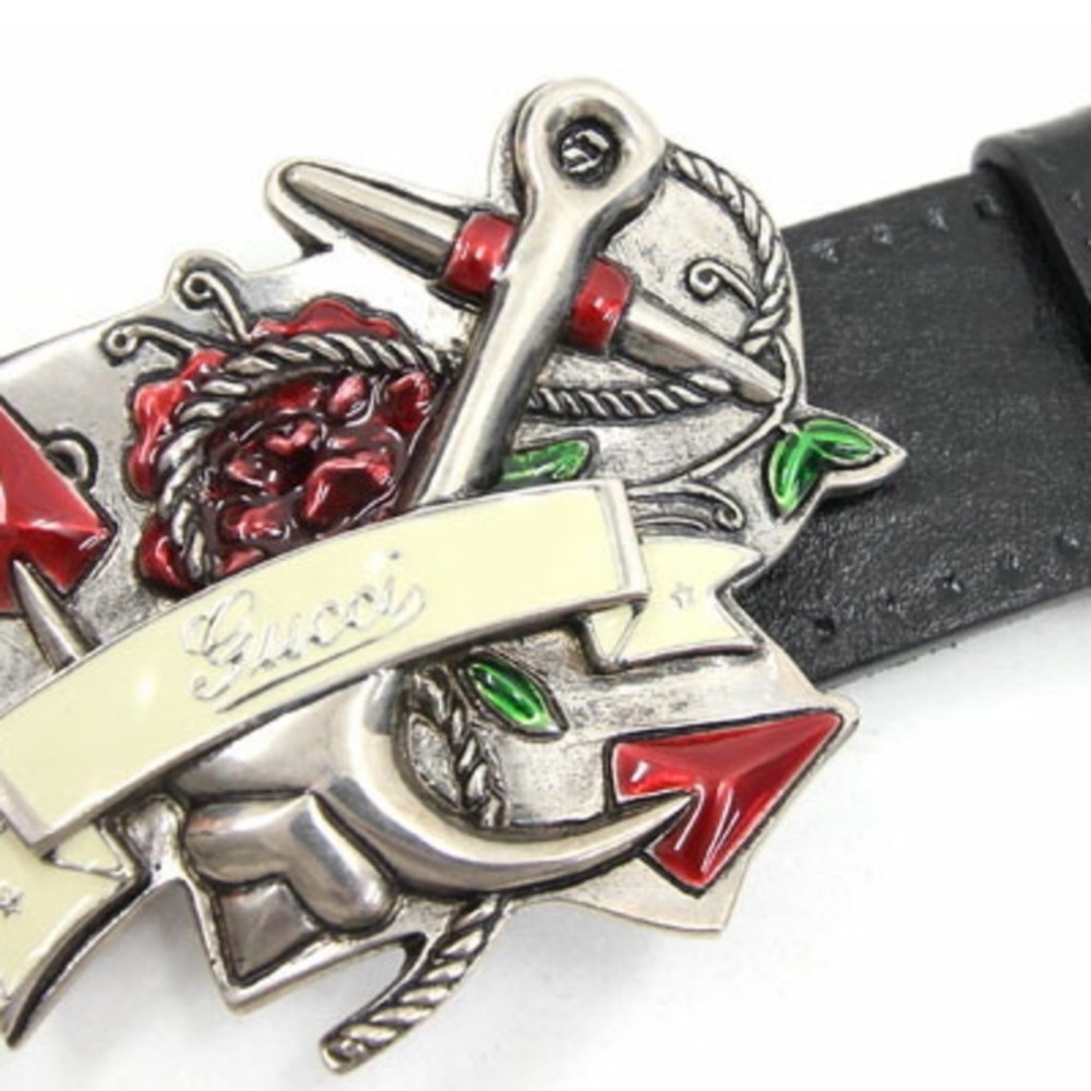 Gucci Black Leather Belt with ikari motif Anchor Buckle